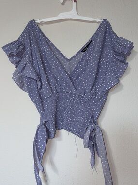 SHEIN Lavender Polka Dot Ruffle Tie-Front Crop Top